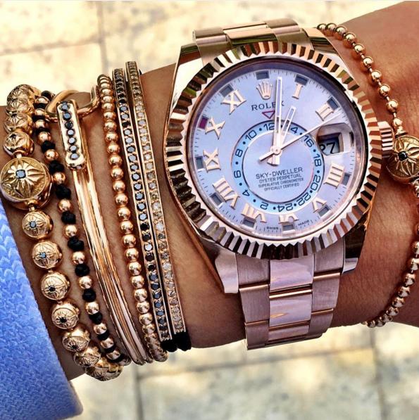 Oyster-Perpetual-Sky-Dweller-Rose-Gold-Rolex-with-mens-beaded-bracelets