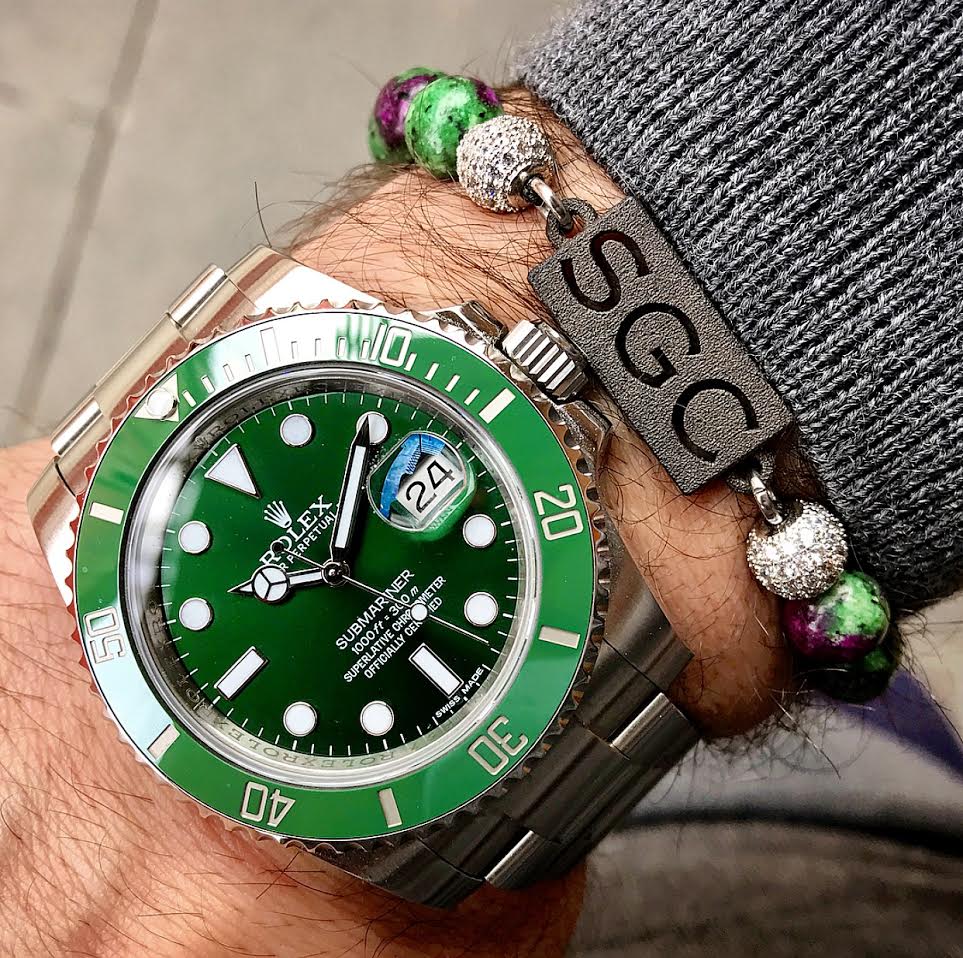 personalised-custom-dyed-epidote-natural-stone-beaded-bracelet-for-men-him-with-rolex-watch