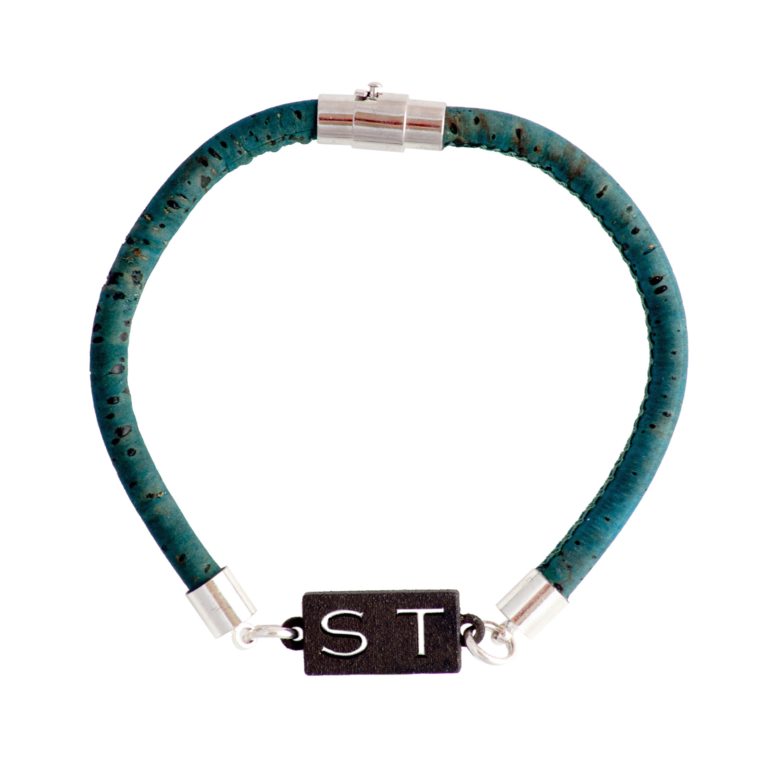 personalised-initials-bracelets-for-men-dark-turquoise-green-blue-vegan-cork-bracelet-for-men-uk