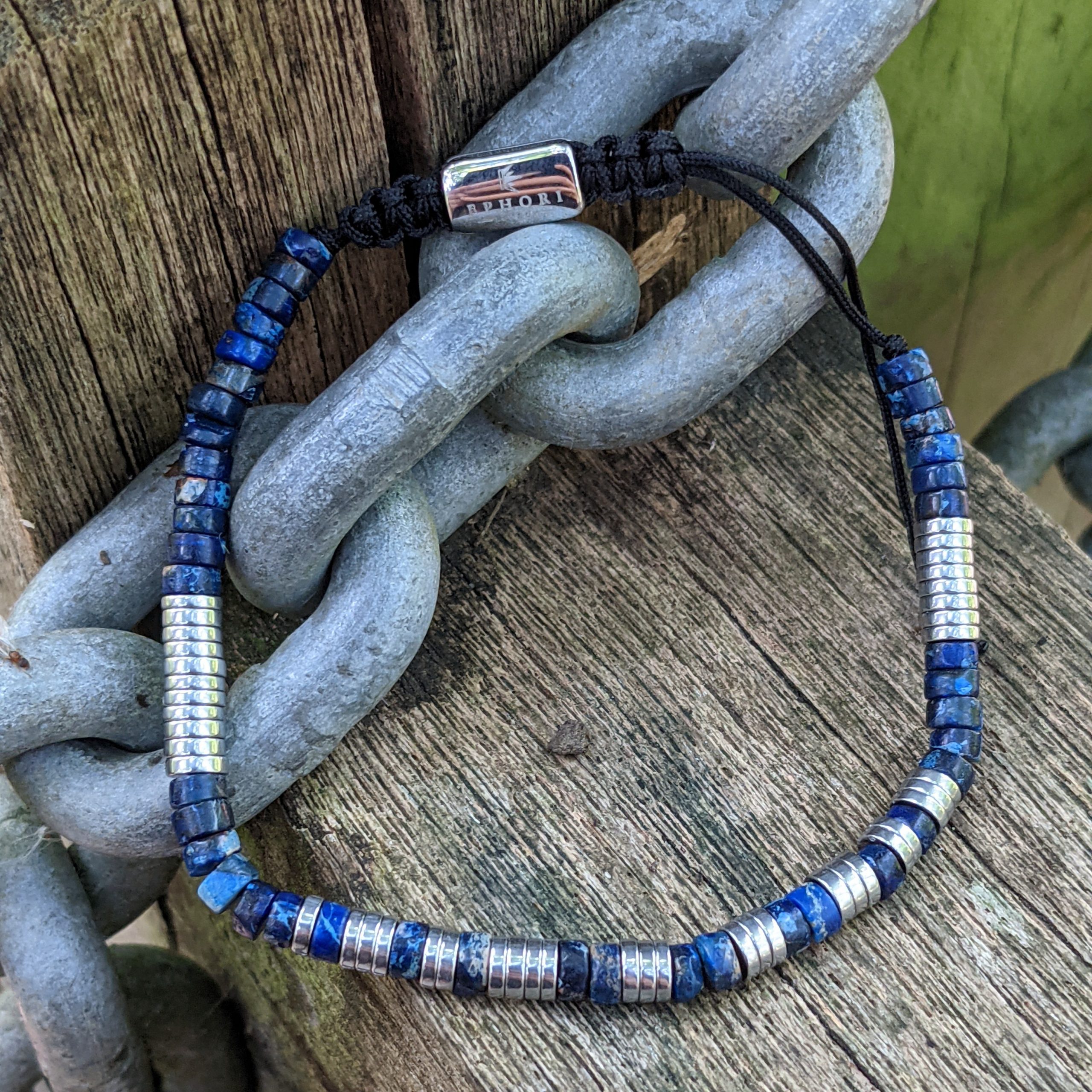 Blue-Imperial-Jasper-Silver-Plate-Hematite-Beads-Men’s-Macrame-Beaded-Bracelet-gifts-for-him-uk-london